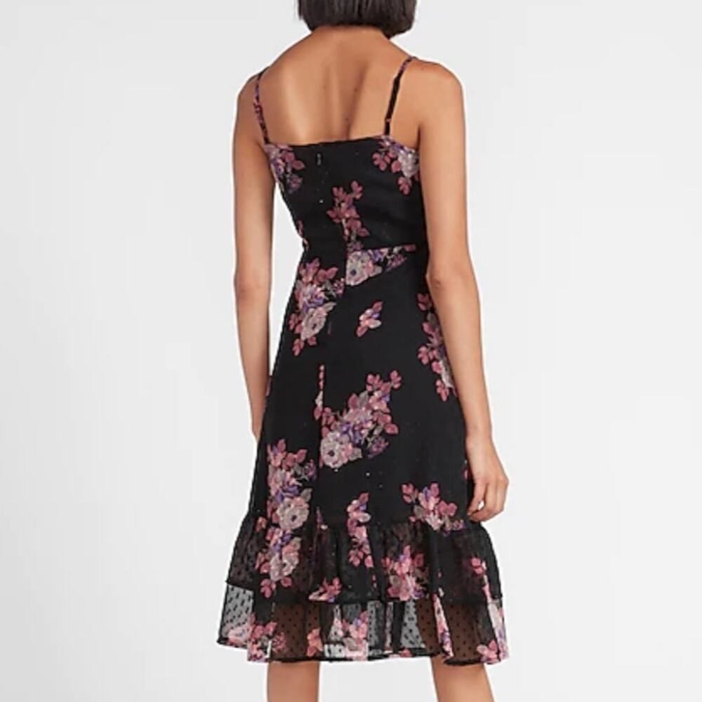 Express Black Floral Clip Dot Tiered Midi Dress - Picture 3 of 12